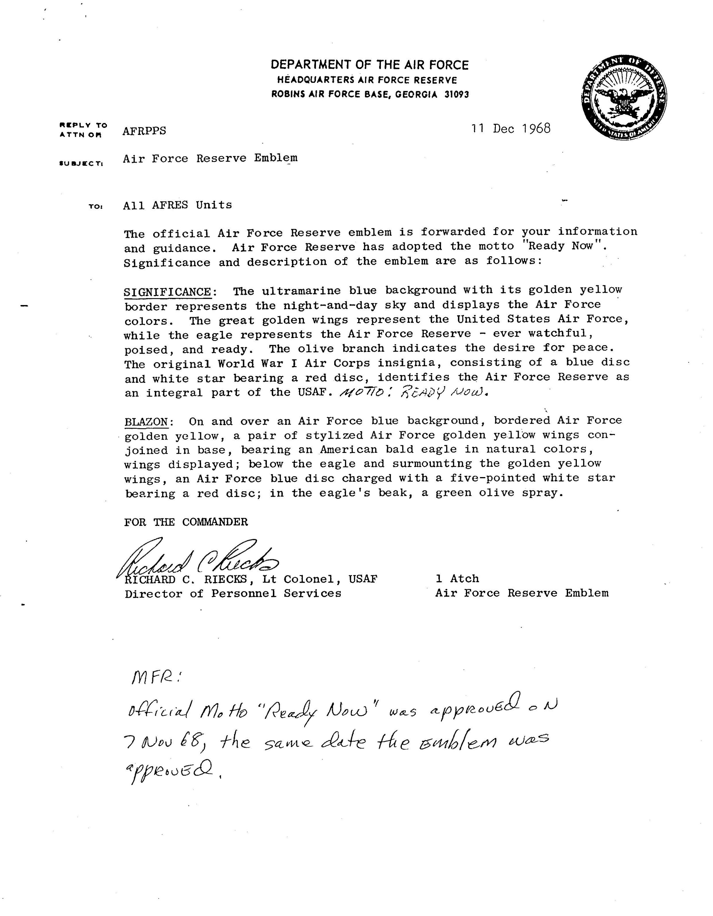 1968 Memo Adopting “Ready Now” Motto