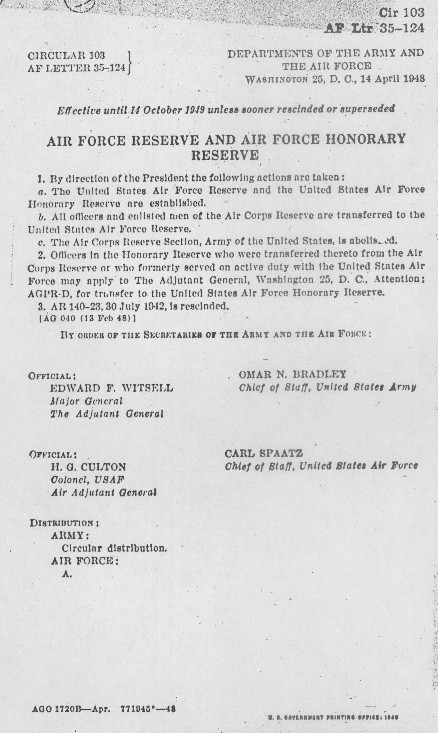 Originating document establishing the Air Force Reserve and Air Force Honorary Reserve,, April 14, 1948